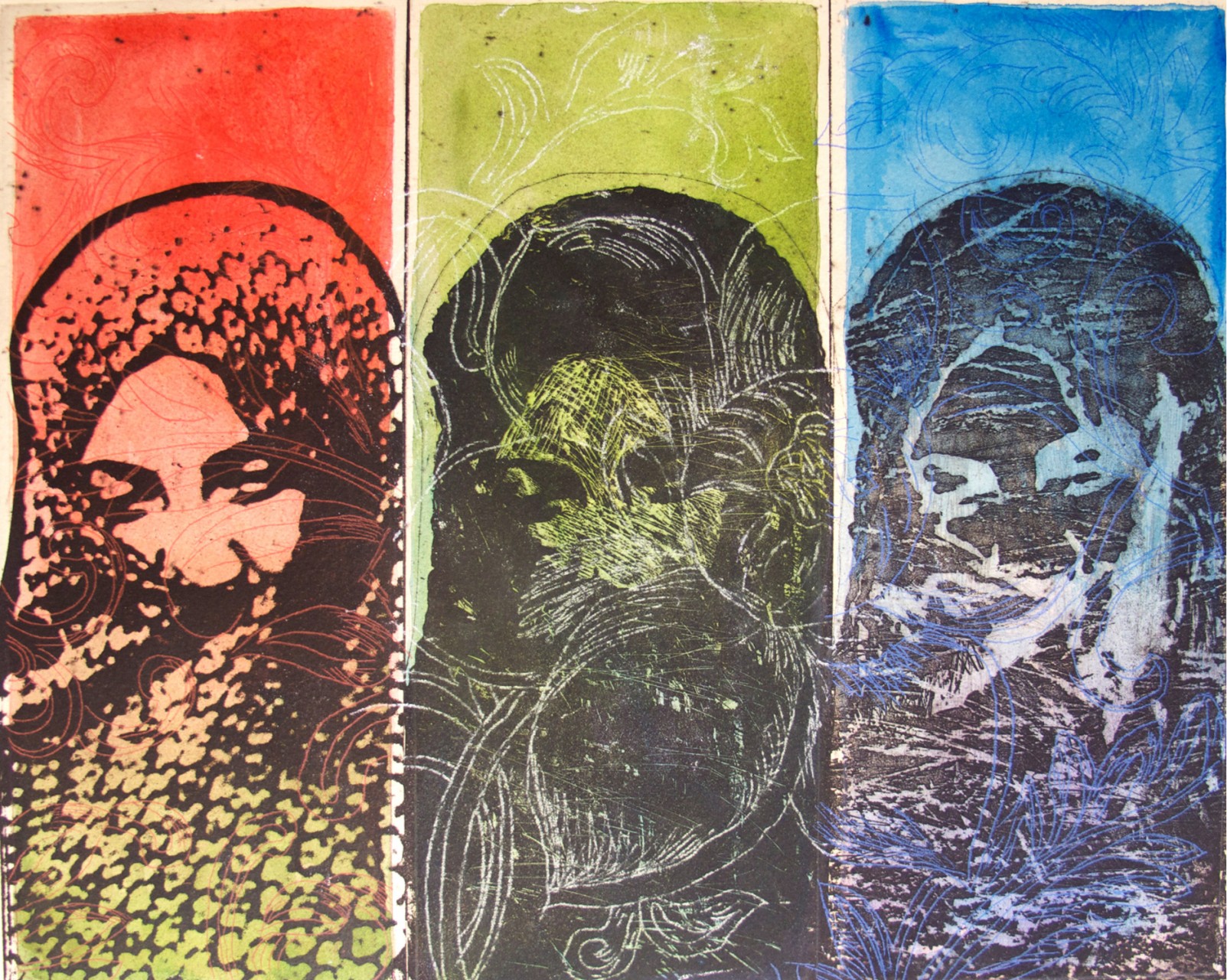 “Three Women", 2015, hand painted print, image size 12X15